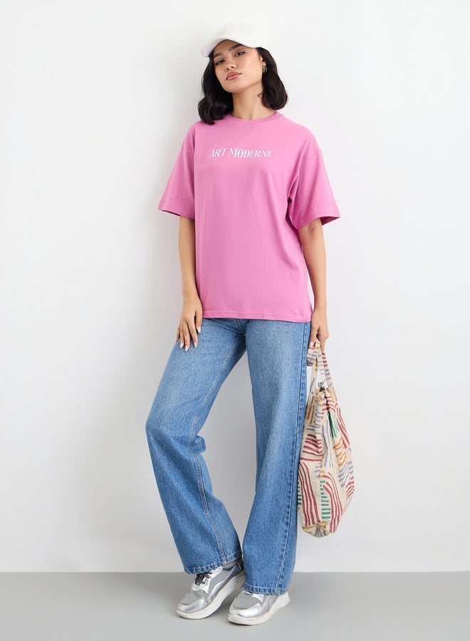 Styli Women Pink Graphic Print Oversized T-Shirt - Image 2